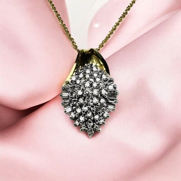 VINTAGE- 14K Gold- 2CT Natural Diamond Necklace -17"-Cluster Round Baguette-2.5g - Picture 15 of 16